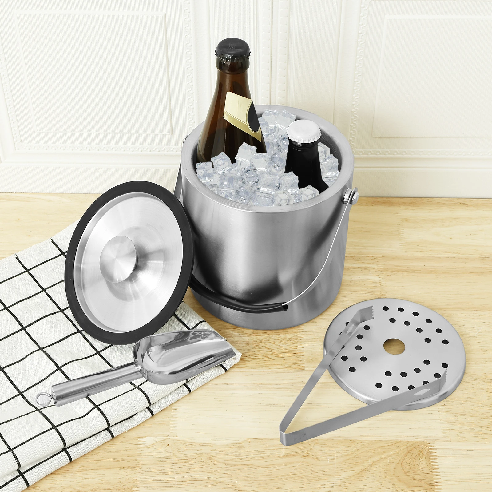 

3L Double Tier Ice Bucket with Lids Tong Spatula and Strainer Stainless Steel Insulated Ice Container for Bar Picnic Barbecue