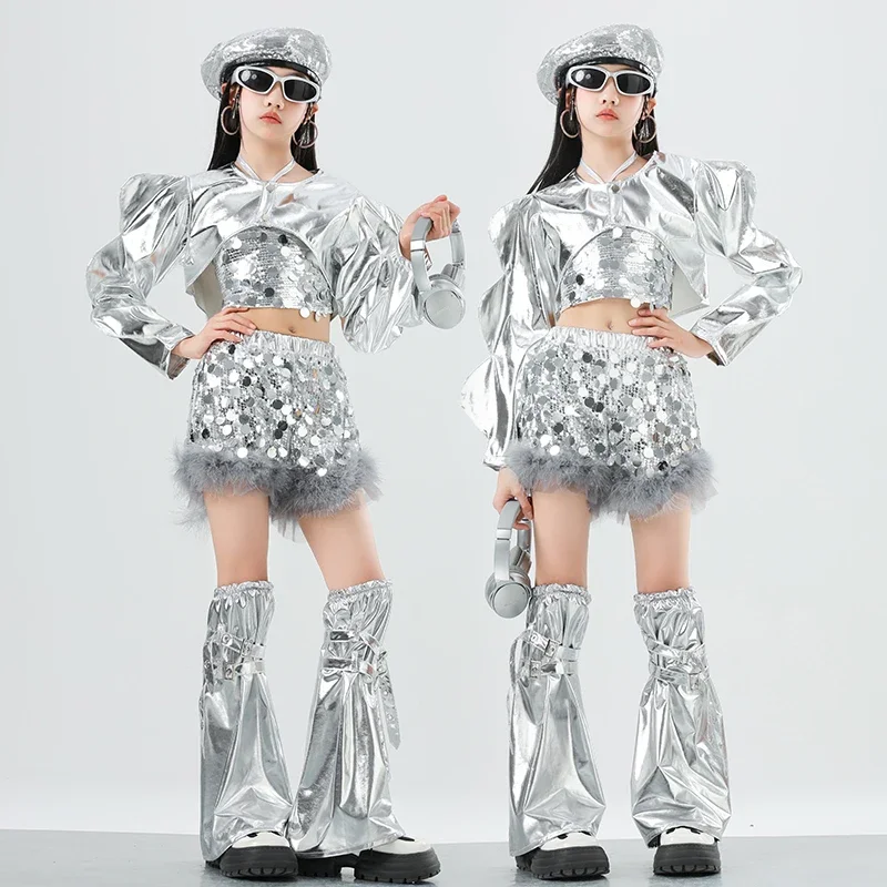 Ragazze Paillettes Crop Top Pantaloncini da ballo di strada Gonne per bambini Hip Hop Jazz Pantaloni argento Set di vestiti Bambino Streetwear Costumi K-pop