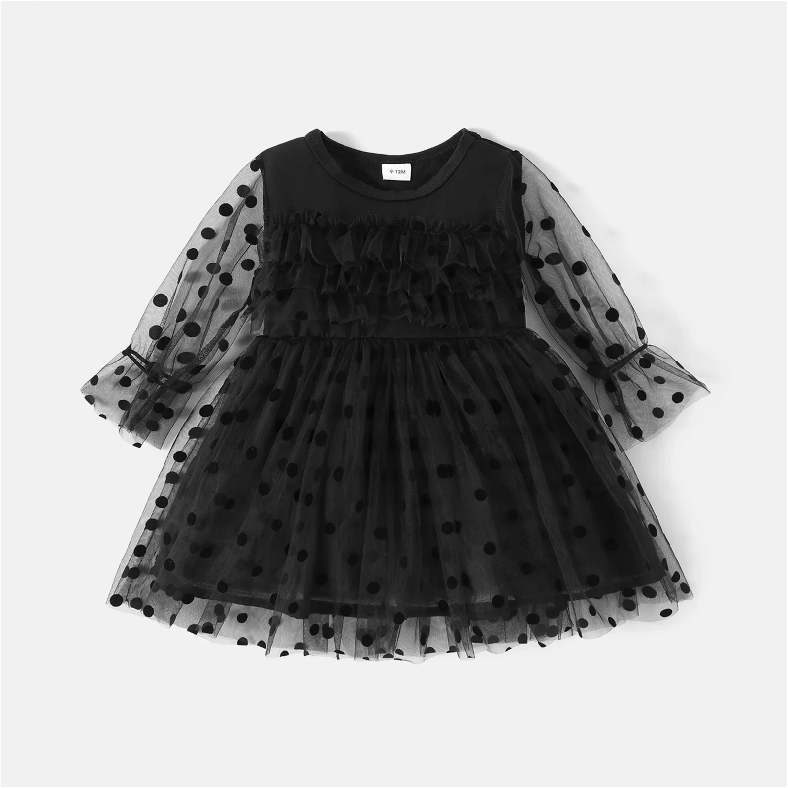 

PatPat Baby Black Polka Dots Layered Ruffle Mesh Long-sleeve Tutu Dress