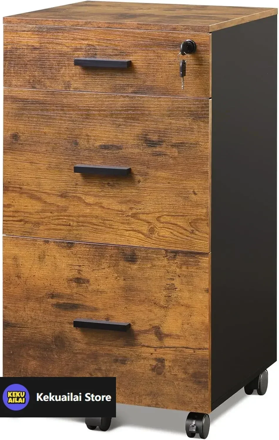 

3 Drawer Rolling File Cabinet with Lock, Wood Filing Cabinet fits Letter / A4 Size for Home Office, Rustic Brown