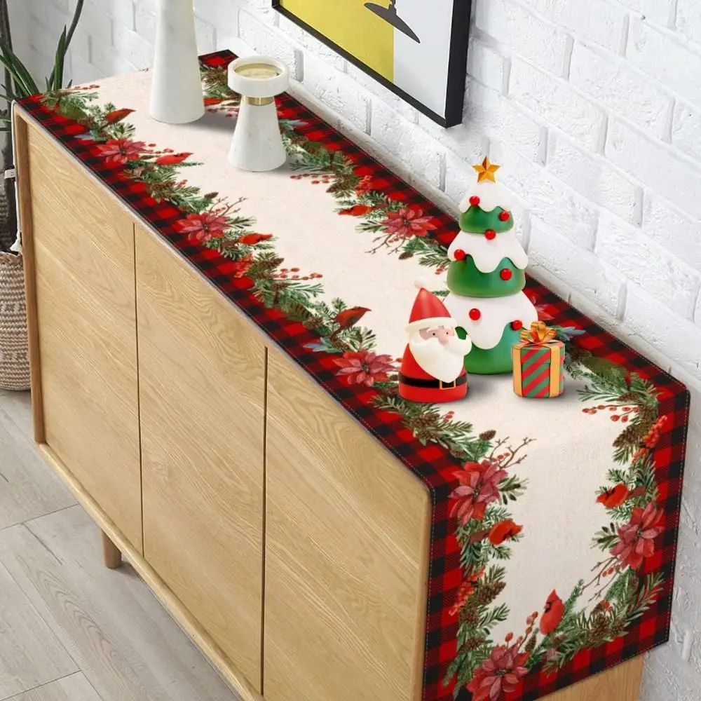 Poinsettia Flower Pattern Christmas Table Runner Long Length Linen Material Holiday Linen Runner Rectangular Shape