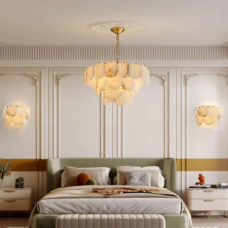 

2025 New Designer Spanish Natural Marble Chandelier Brass Round Rectangle Pendant Lamp Adjustable Ceiling Luster Living Room