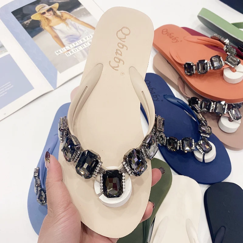 Fashion Women Summer sexy Slippers Grey Rhinestones Decoration Sandals Outside Non-Slip Slides Flip Flop Casual Shoes Female