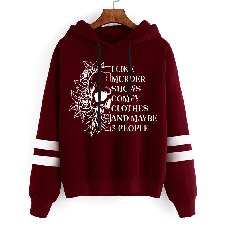 Lässige Vintage Schädel Rose Print Sweatshirts Frauen Langarm Kordel zug Pullover "Ich mag Mord Shows" lustige Skelett Hoodies