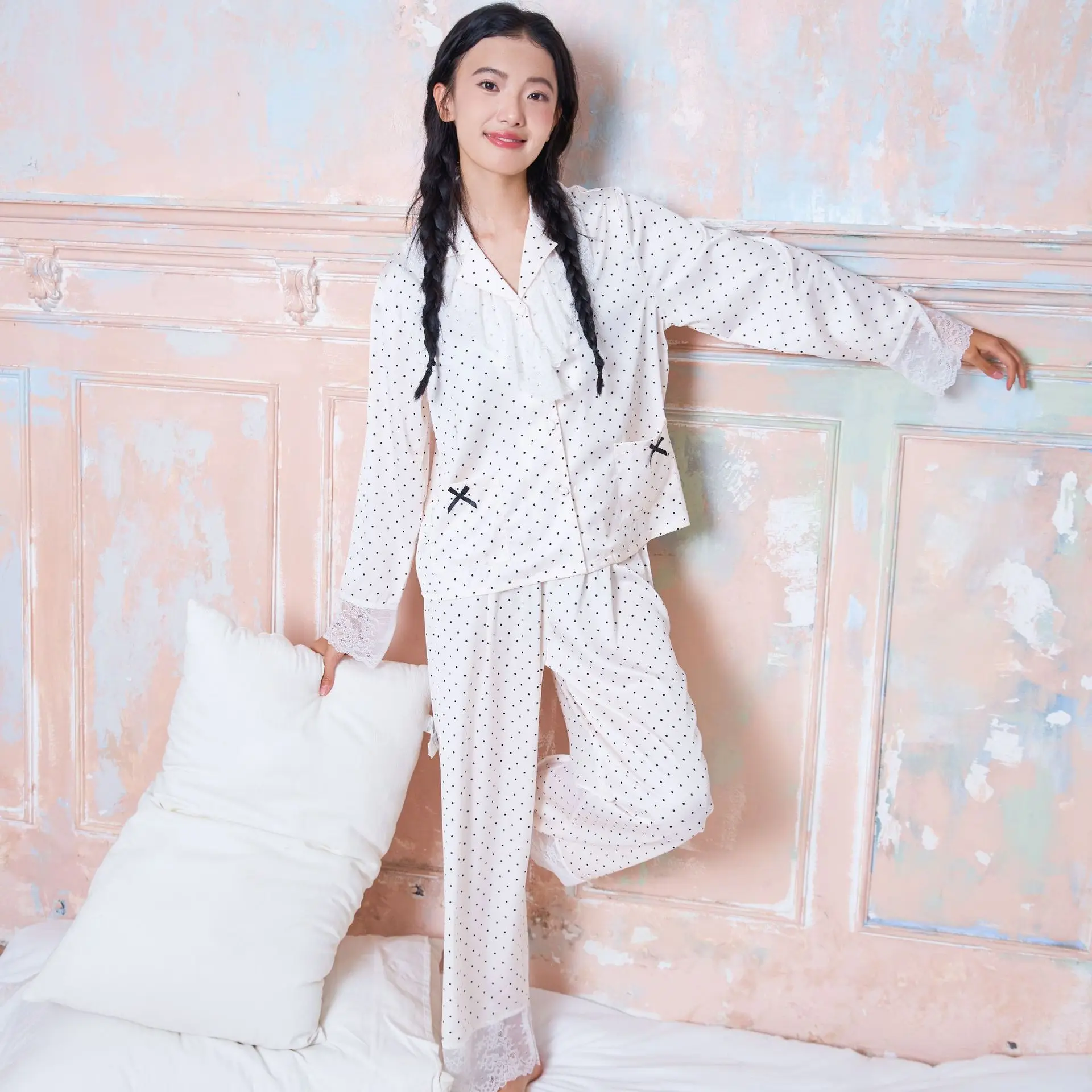 Women Fashion Polka Dot Print Satin Pajamas Lace Trim Long Sleeve Shirt Pants Set 2 Piece Sleepwear ﻿