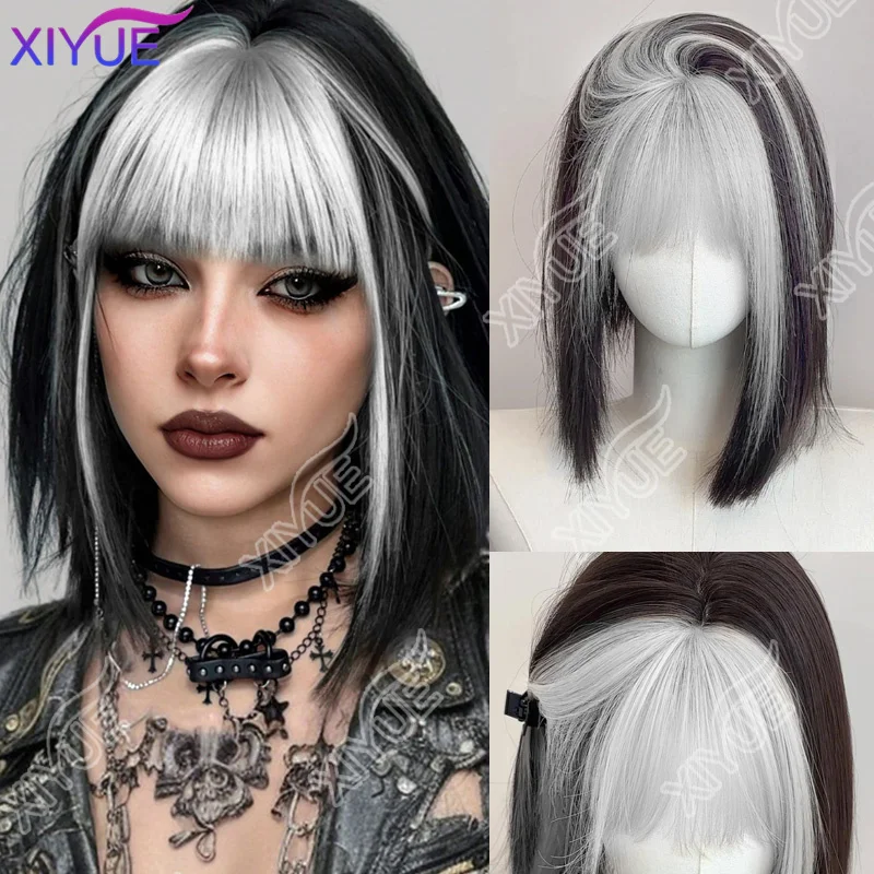 

XIYUE 14-дюймовый черный парик с воздушной золотой челкой, синтетические прямые многослойные прямые парики, термостойкое волокно для вечеринок или селфи для женщин b
