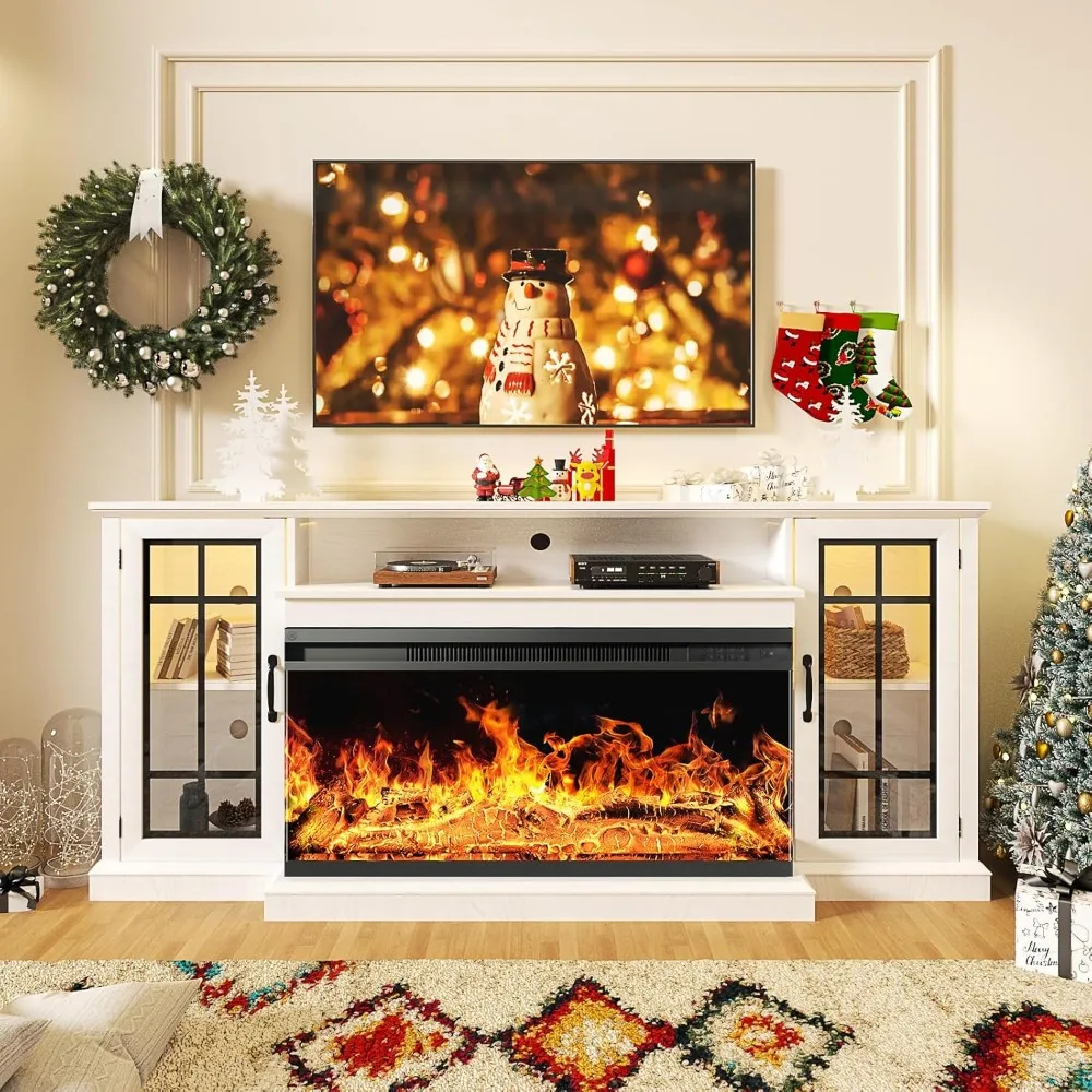 36 Inch 3-Sided Glass Fireplace TV Stand, for TVs Up To 80