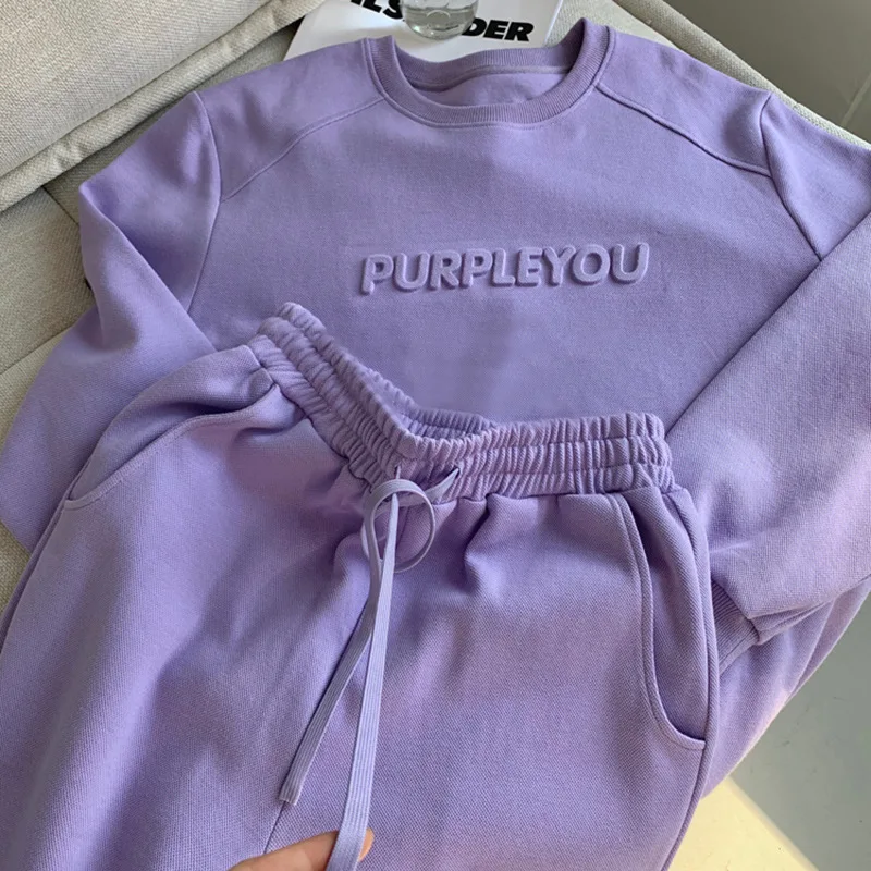 Sweatshirt Two Piece Women Sweatpants and Hoodie Set Purple Sweatsuits for Women Casual Tracksuit Suit Winter Clothes Women