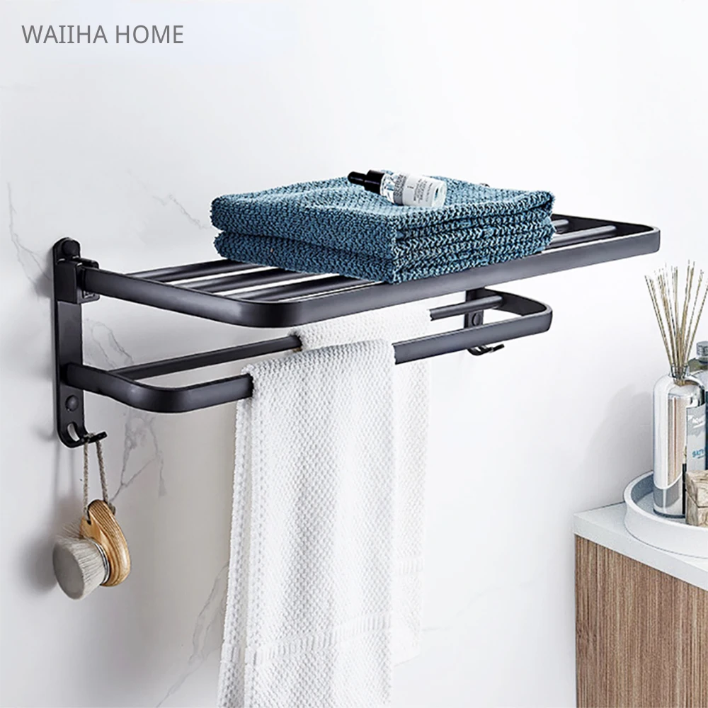 

Black Towel Rack With Hooks Space Aluminum Shower Holder Bathroom Accessories Folding Wall Organizer Hanger Storage Shelf