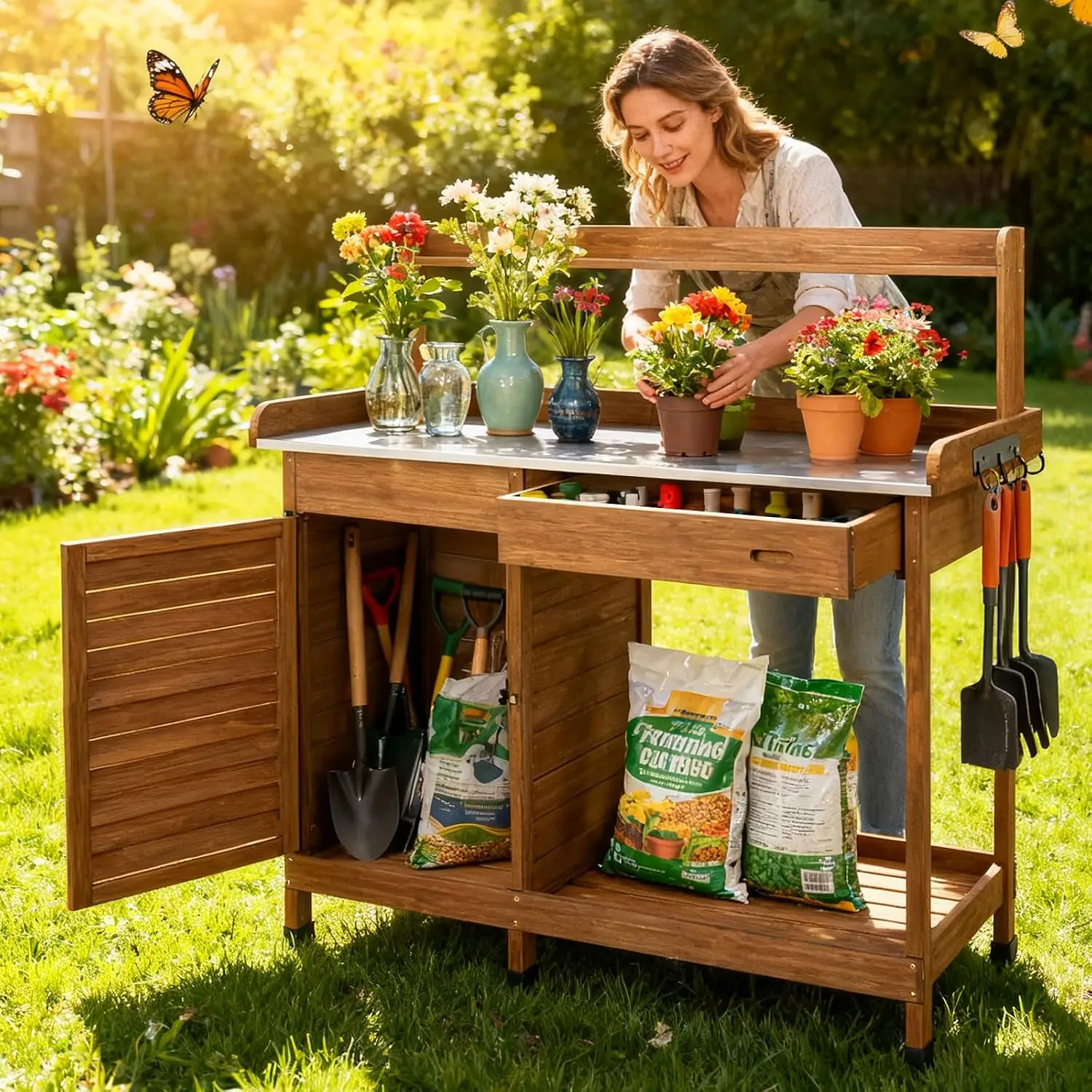 Outdoor Potting Bench Table, Wooden Weatherproof Garden Work Station with Sliding Drawer, Metal Table Top, Metal, Customized