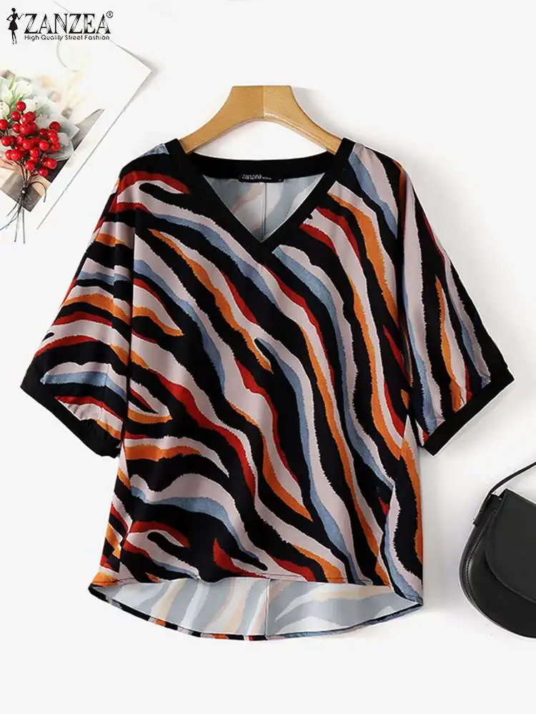 ZANZEA Elegant Colorful Ripple Printing Blouse 2024 Summer Short Sleeve Tops Fashion Women V-neck Shirt Casual Loose Chic Blusa