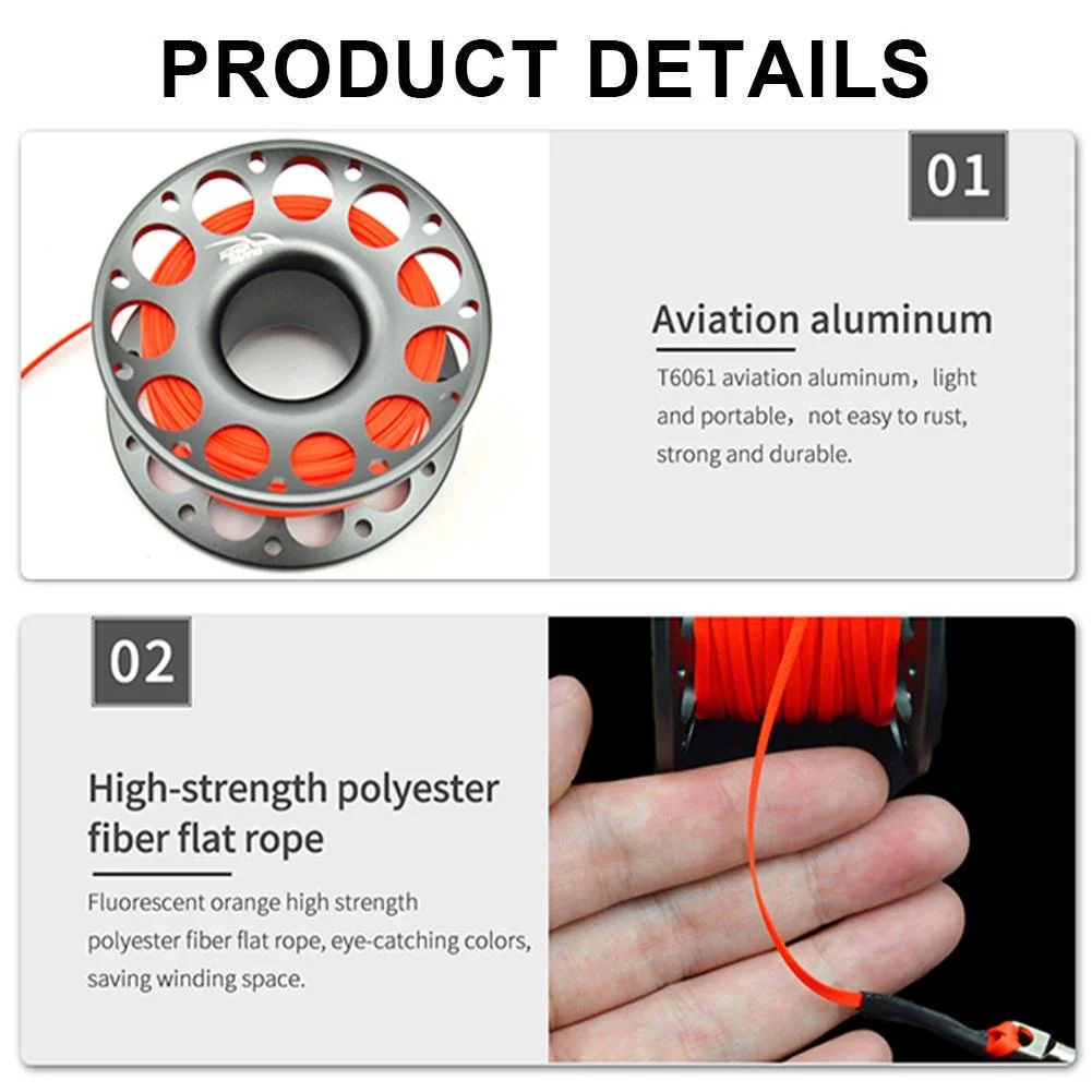 بكرة إصبع من سبائك الألومنيوم للغوص 15 متر 30 متر مع خطاف مزدوج من الفولاذ المقاوم للصدأ لمعدات غوص الكهف