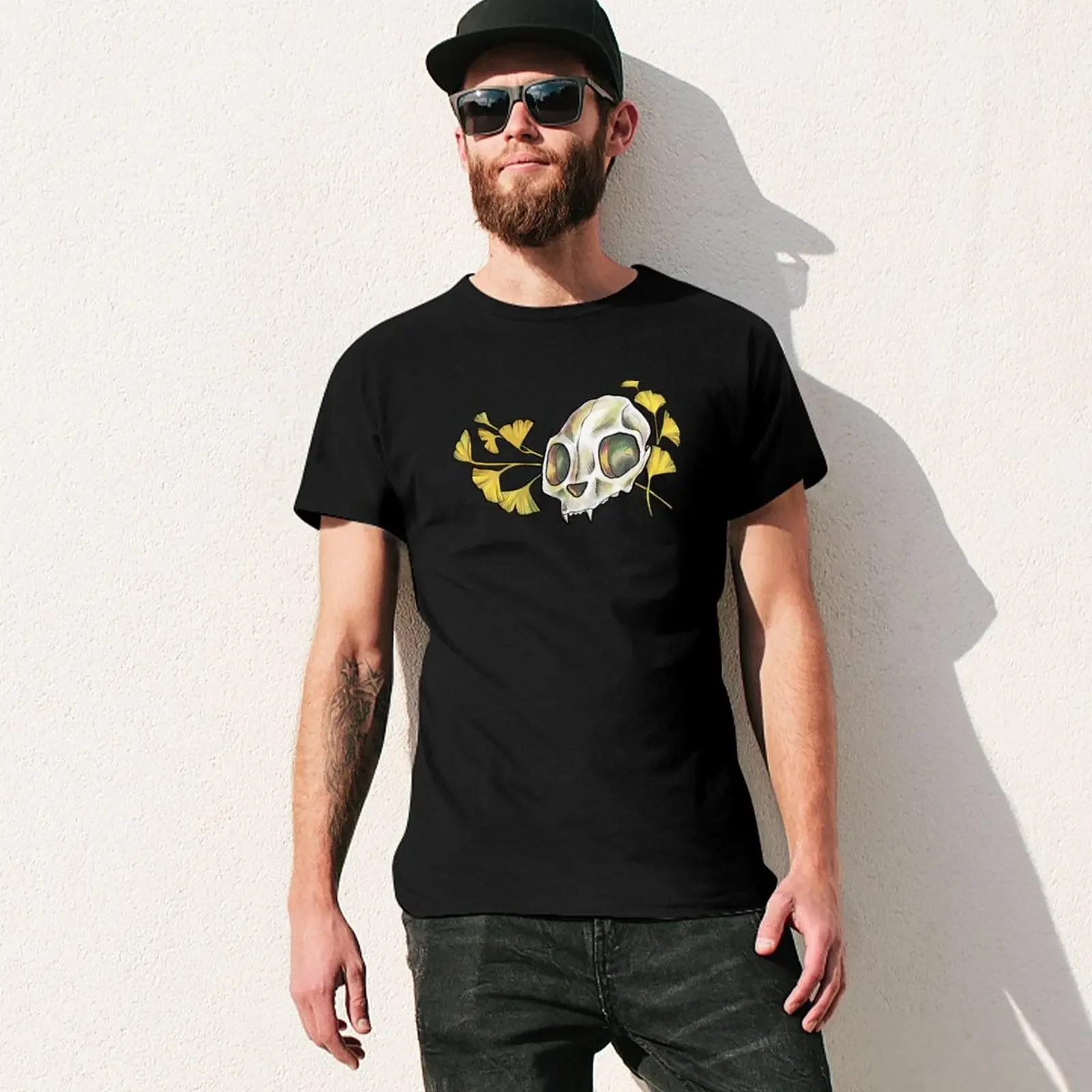 Camiseta con estampado de calavera de gato Ginkgo Biloba para hombre, camisetas vintage gráficas, algodón