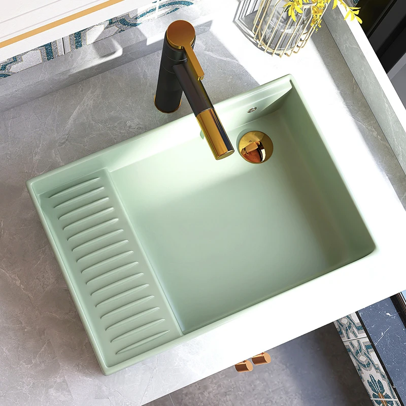 Sink Ceramic Washing Basin Household Bathroom Washbasin with Washboard Green Vessel Sink With Drainer Sets