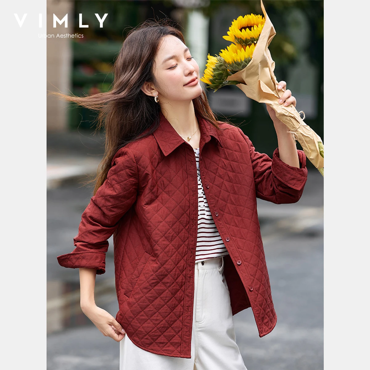 VIMLY レッドジャケット 秋 2025 アメリカンレトロ レディース 暖かい ダイヤモンド柄 キルティングジャケット ポロネック 長袖 レディースコート A2775