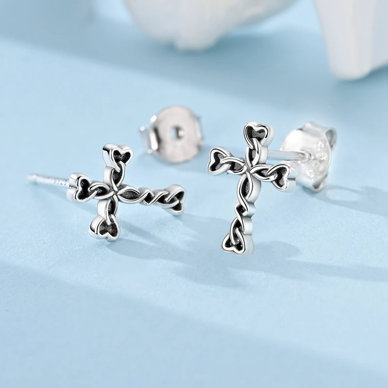 

100% стерлингового серебра 925 пробы с платиновым покрытием, серьги-гвоздики с крестом любви, черные серьги-гвоздики для пирсинга для женщин, вечерние украшения