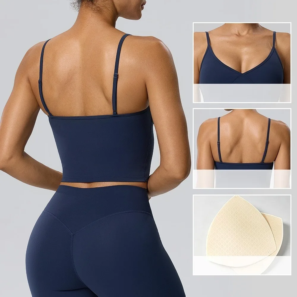 Women V Neck Yoga Cami Tank Top Double Brushed Fabric Built-in Chest Pads Breathable Stretch Running Fitness Workout Vest