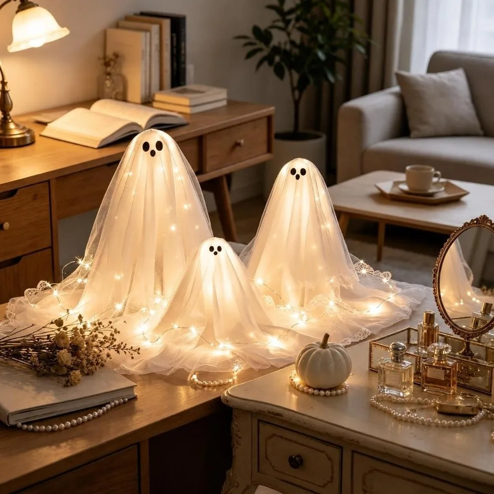 3 Pcs Cute Battery Powered Halloween Ghost Figurine Creative Fun LED Ghost Lamp Table Decor Ghost Table Decor Home Decor