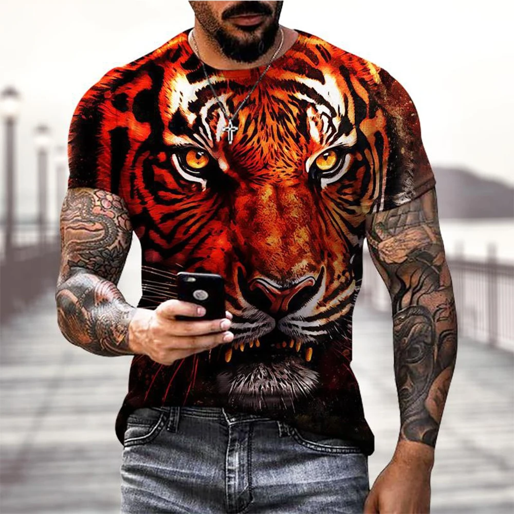 Summer Tees Tops 3D Tiger Print Men\'s T-Shirt Casual Animal Pattern T Shirt Streetwear Quick Dry Fashion Oversized Clothes