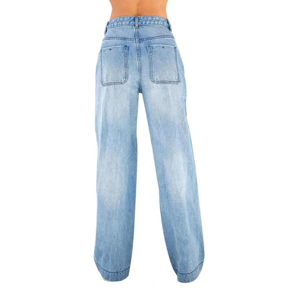 Women Jeans High Waist Pockets Zipper Button Closure Gradient Color Retro Wide Leg Loose Colorfast Full Length Lady Long Denim T