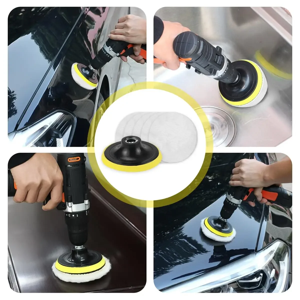 4/5 Inch Wool Buffing Pad Kit 8 Pcs with Backing Pad and M10 Adapter Attachment Cordless Screwdriver Angle Easy Interchangeable