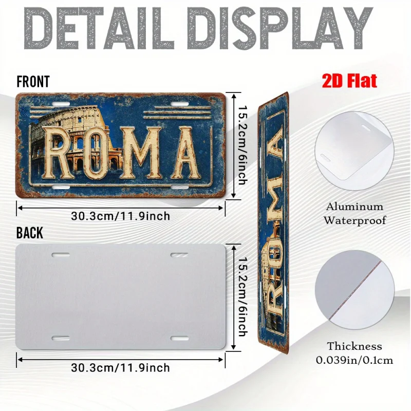 مسطح ثنائي الأبعاد، قطعة واحدة من لوحة ترخيص معدنية من روما الإيطالية العتيقة - ديكور كولوسيوم روما القديم مع الطباعة المتعثرة #3