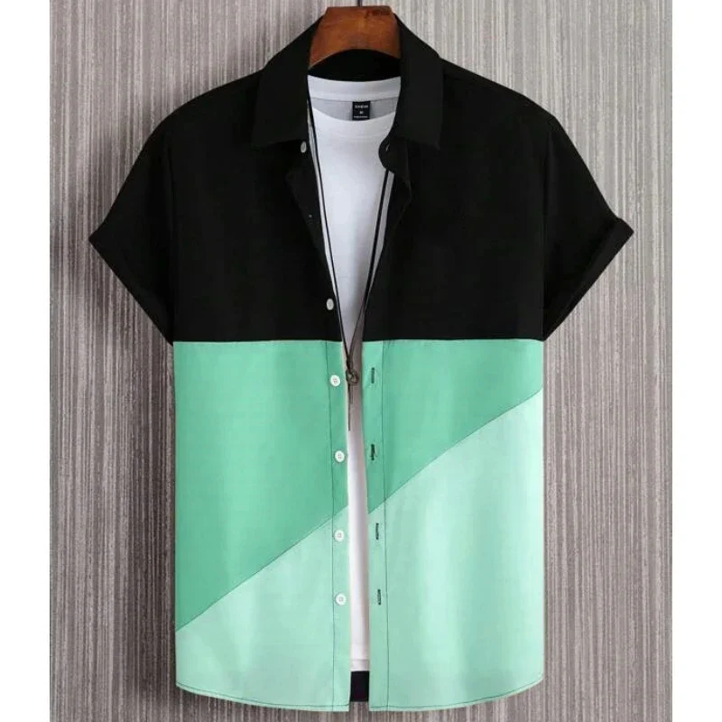 

Men's Simple Retro Light Luxury Breathable Short-sleeved Lapel Shirt Men's Color-blocking 3D Printed Shirt Hawaiian Vacation Top