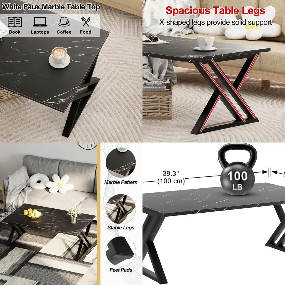 

Modern Rectangular Faux Marble Coffee Table with Black Metal Frame for Living Room and Home Office