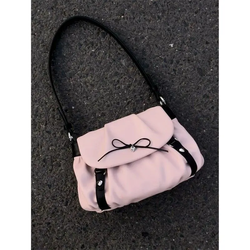 

Korean Fashion Bow Women Handbags Pink Sweet Kawaii All Match Shoulder Bags Casual Office Lady Y2k Underarm Bag Storage Bag