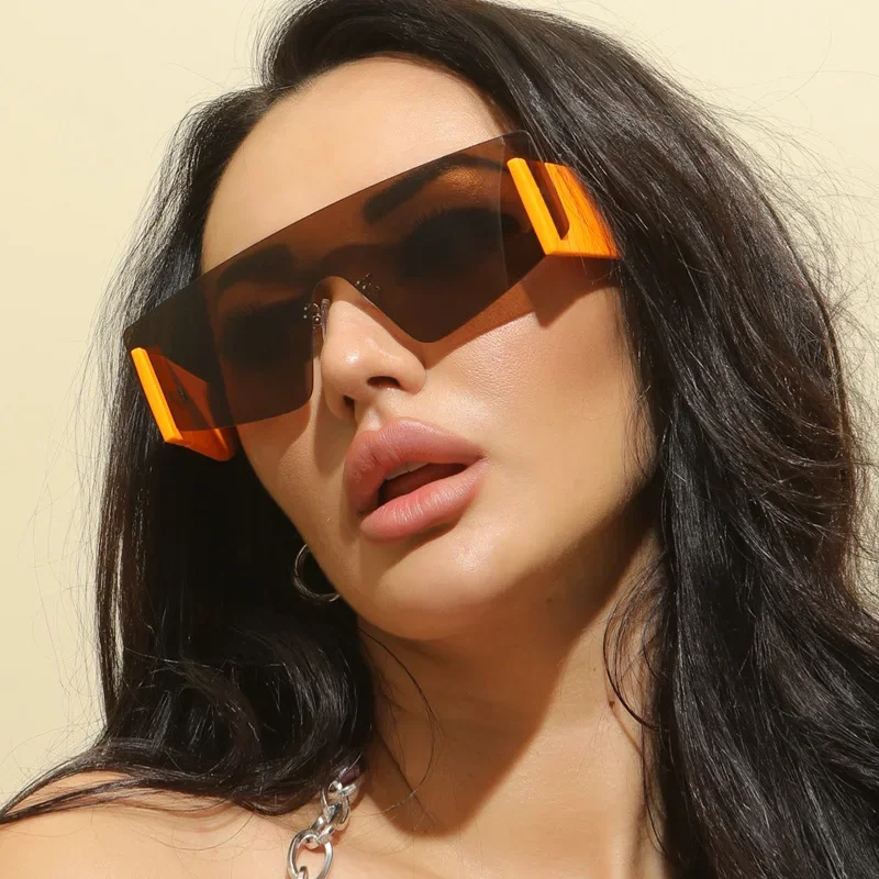 Vintage Oversized Square Rimless Orange Sunglasses 2023 Men Women Fashion Brand Big Frame One Piece Wide Legs Sun Glasses UV400