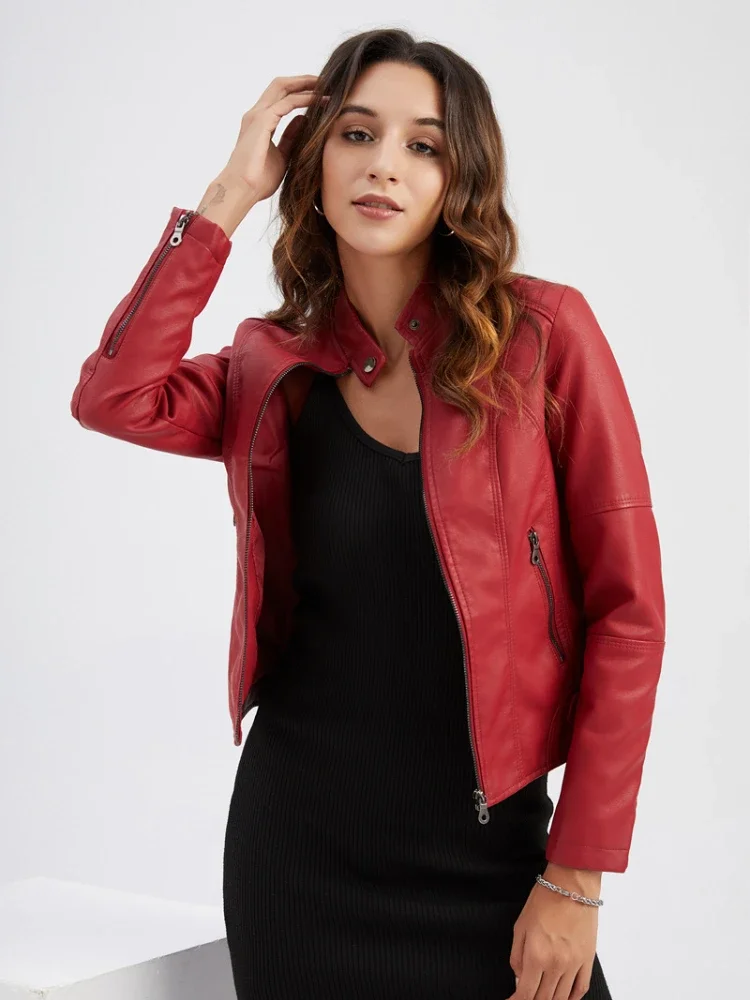 Chaqueta de motocicleta chaqueta de cuero Pu Traf Slim Fit abrigo sólido moda cremallera cuello alto mujeres nuevo en prendas de vestir exteriores Otoño Invierno