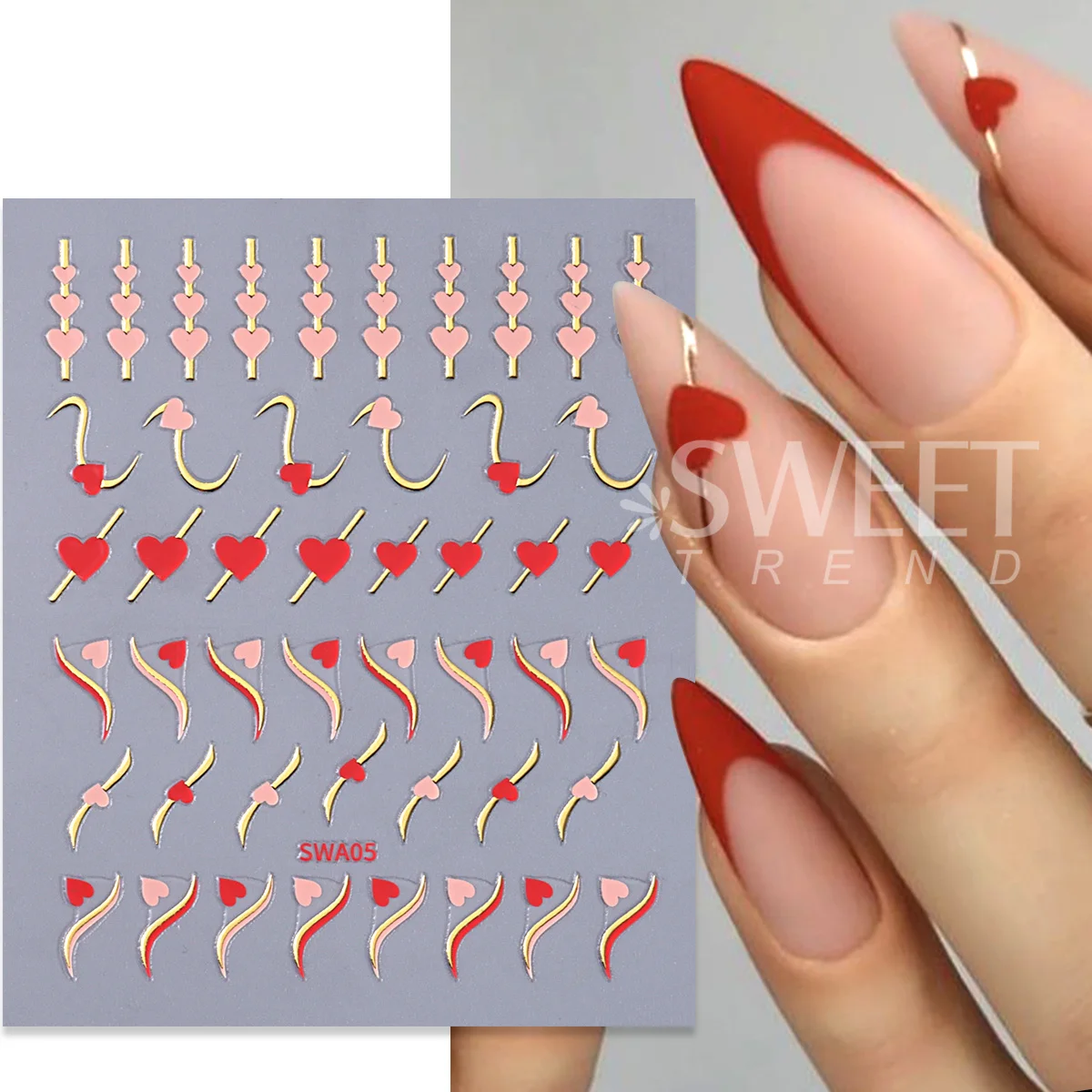 4pcs Metal French Love Heart Nails Stickers Gold Silver Wave Swirl Design Elegant Simple Charm Foils Valentine's Manicure Decor