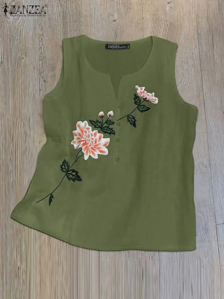 ZANZEA Women V Neck Tees Tops Casual Loose Daily 2024 Summer Cotton Tanks Embroidery Flower Vintage Leisure Holiday Blusas Shirt