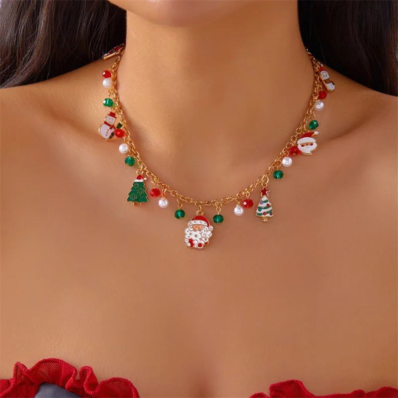 Mode Weihnachten Halskette Für Frauen Kristall Zirkon Elch Santa Claus Schneemann Glocke Weihnachten Baum Anhänger Metall Kette Choker Schmuck