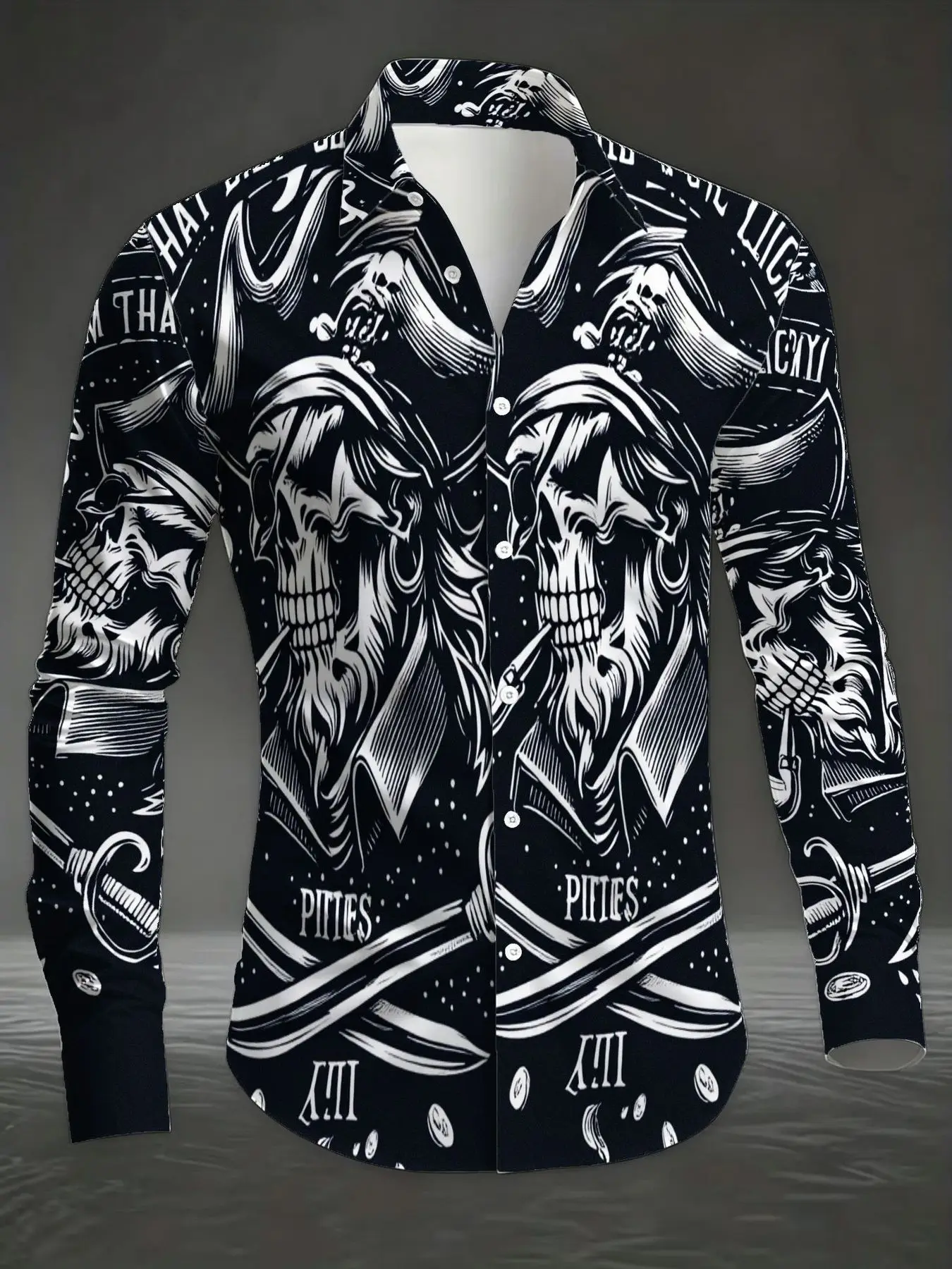 Men Long Sleeve Satin Shirt Pirate Skull Print Turn Down Collar Button Up Casual Party Dress