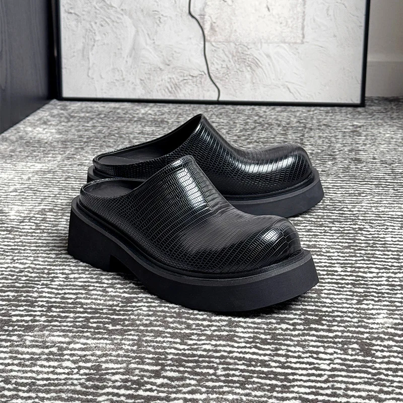 6 Cm Height Mens Fashion Slippers Luxury Genuine Leather 2026 Summer New Elegant Black Outdoor Business Half Shoes Man Size 44