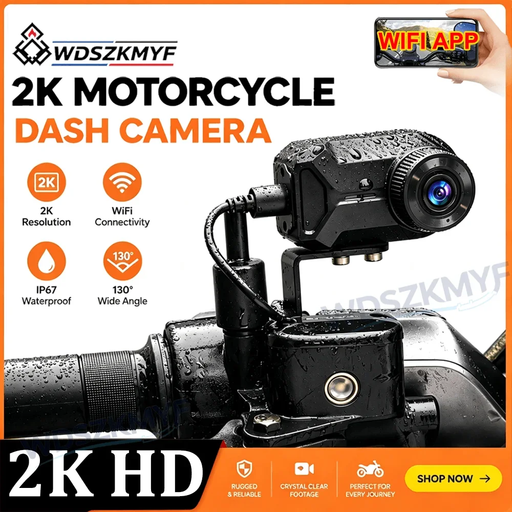 2K HD Motorcycle Camera WiFi DVR Dash Cam IP65 Waterproof 130° Wide Angle with Loop Recording Moto Outdoor Riding Recorder