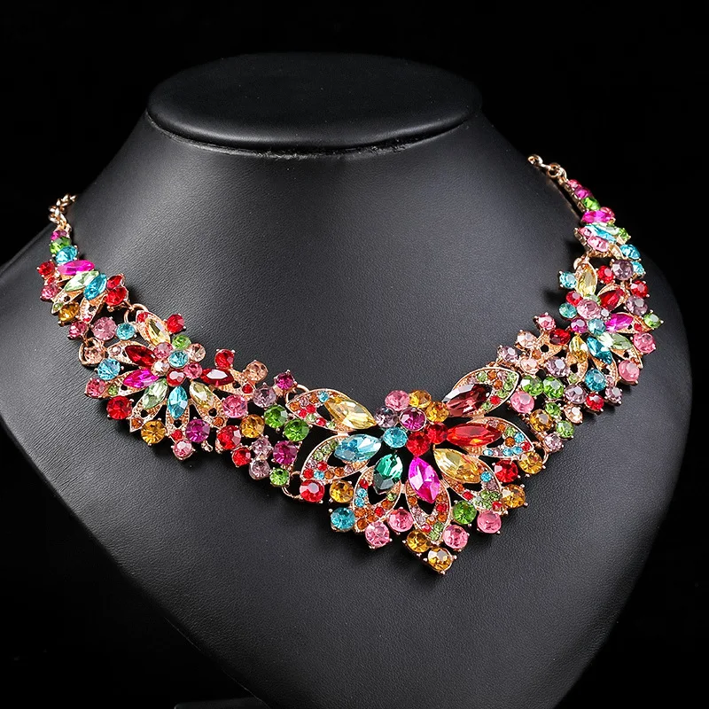 Luxury Exquisite Leaves Colorful Crystal Jewelry Sets For Women Wedding Party Jewelry Accessories Stud Earrings & Necklace Set