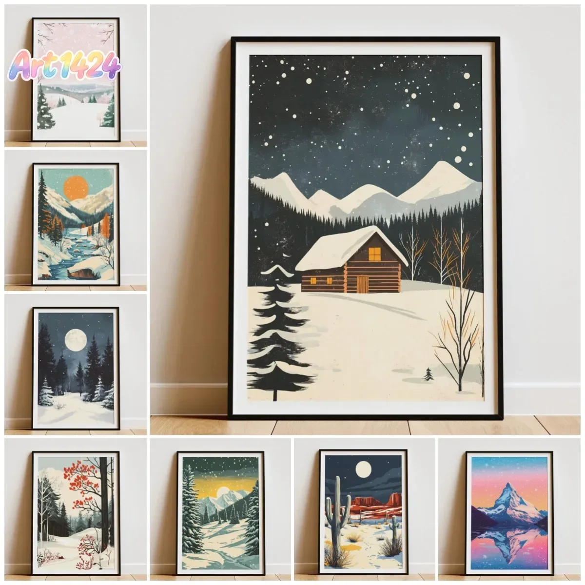 Winter Forest Landscape Vintage Travel Poster Snowy Night Trees Moon Art Print Nature Decor Winter Snow Home Decor Wall Art