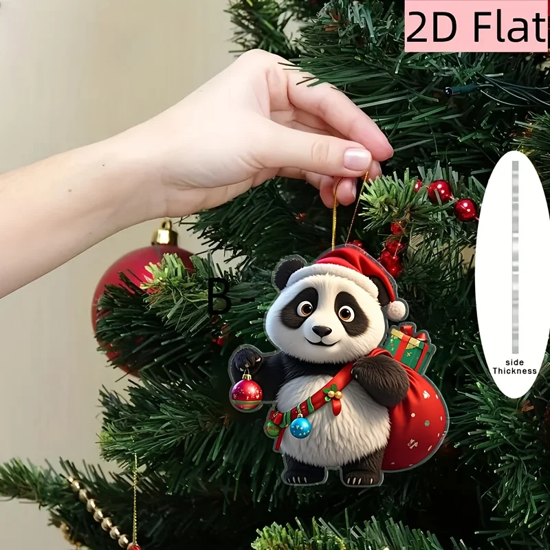 2D عيد الميلاد الباندا سيارة قلادة مع قبعة سانتا شقي شنقا زخرفة الاكريليك زينة احتفالية ملحق عطلة هدية المحفظة #4