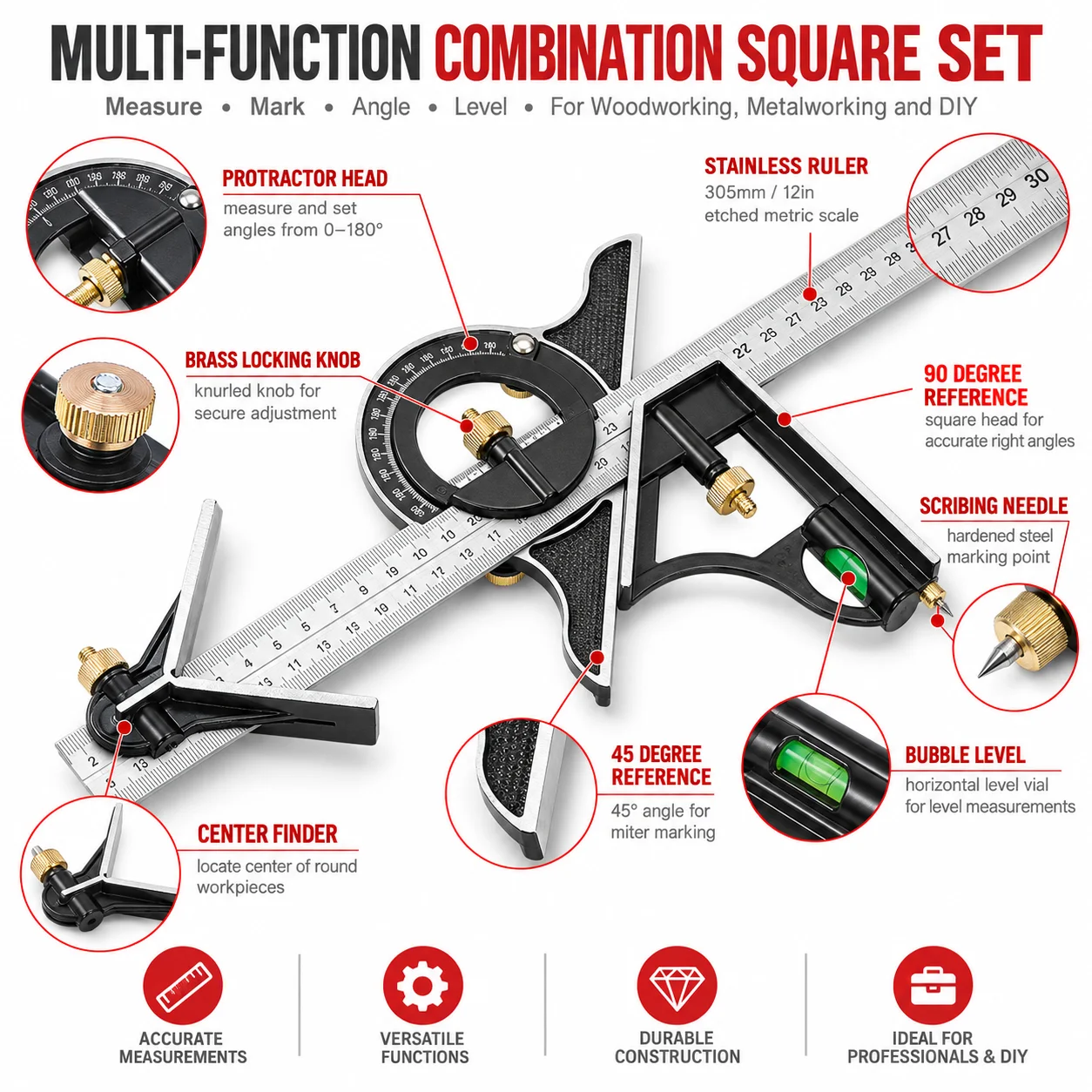 300mm Adjustable Woodworking Angle Metal Square Ruler 3-in-1 Protractor Tool for Carpenter Measuring Sabrina Equipment Makeup