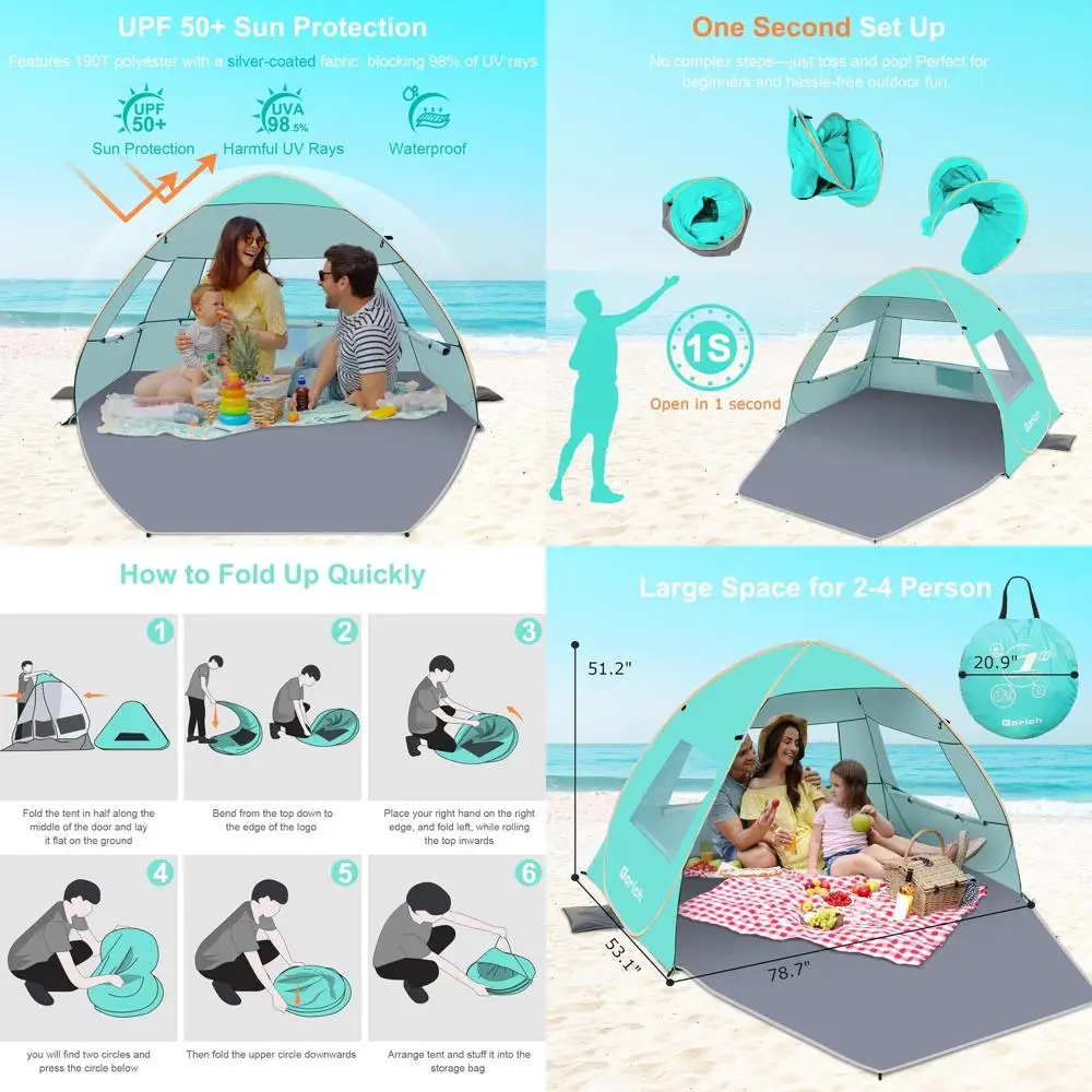 

Portable 3-4 Person Beach Tent with UPF 50+ Sun Shelter, Lightweight and Quick Setup Shade