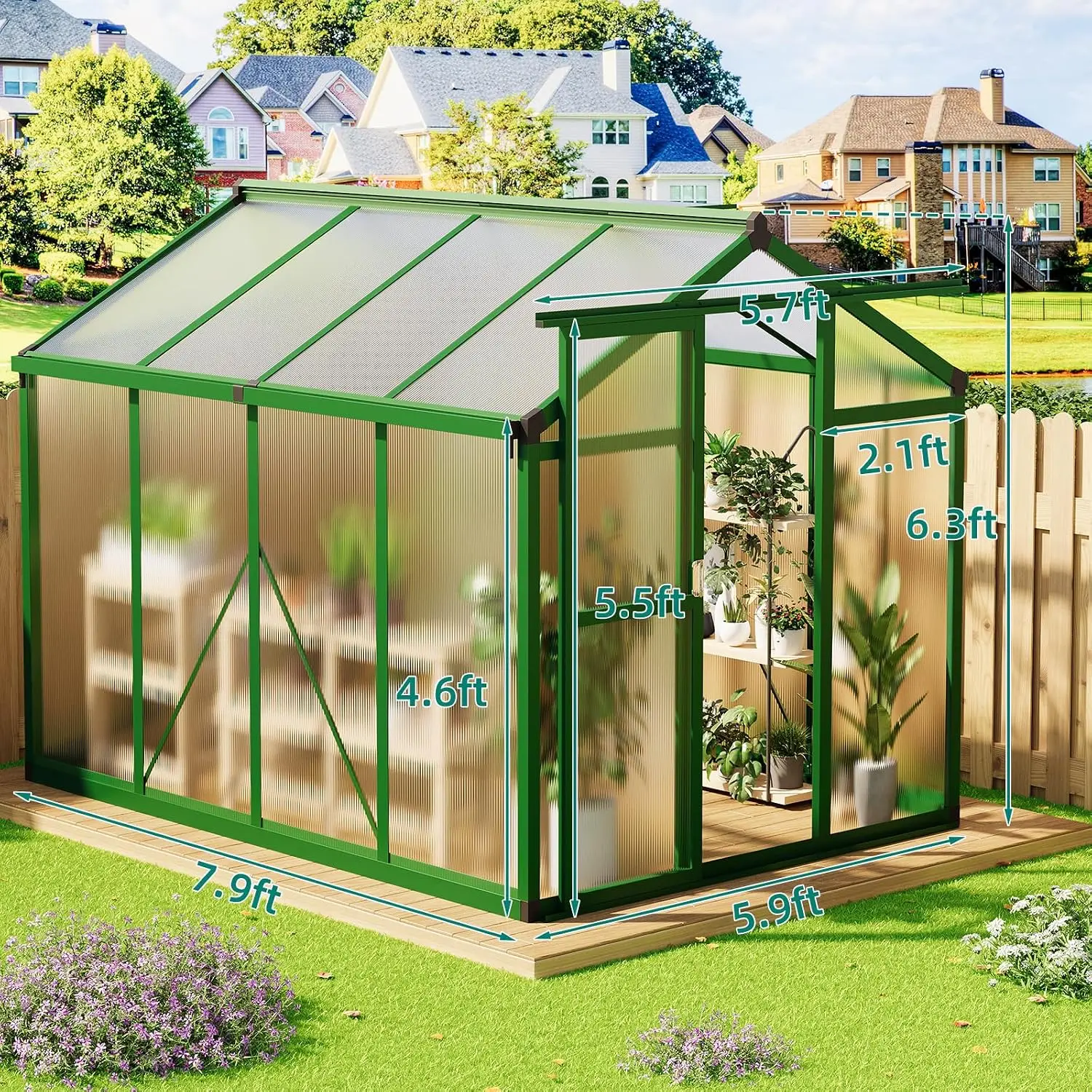 Walk-in Polycarbonate Greenhouse with Roof Vent & Ground Nails, Heavy Duty Green Houses for Garden, Backyard, Patio, Customized