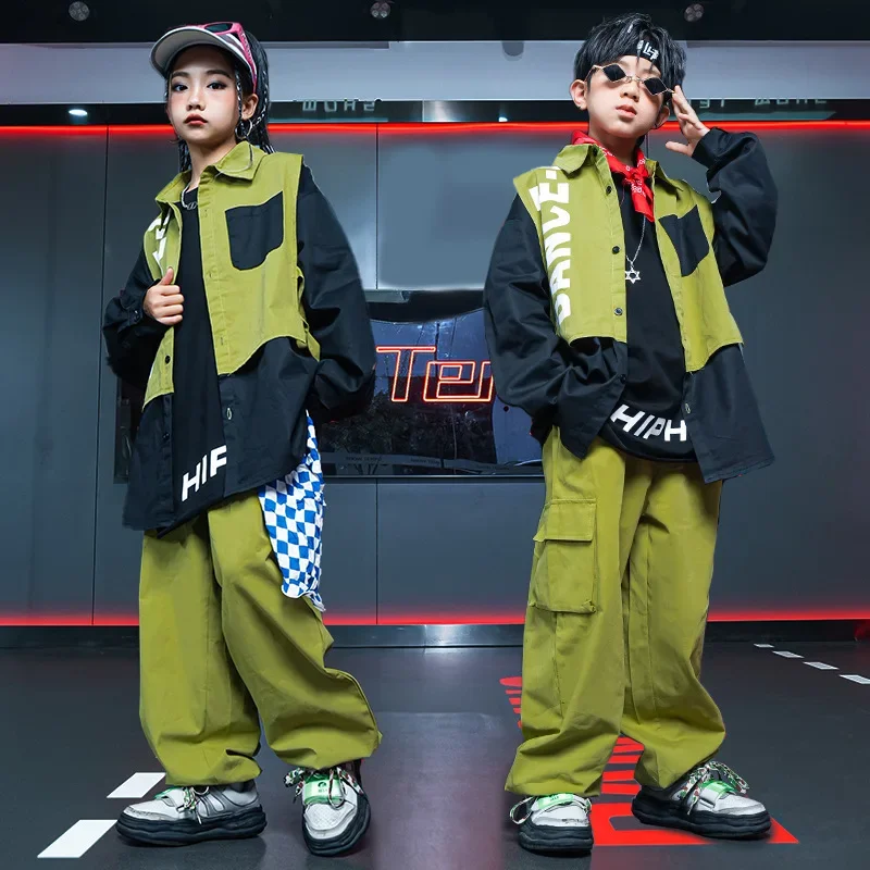 

Jazz Dance Stage Costume Hip Hop Children Clothing Black Tops Green Pants Boys Street Dance Wear Girls Fashion Clothes