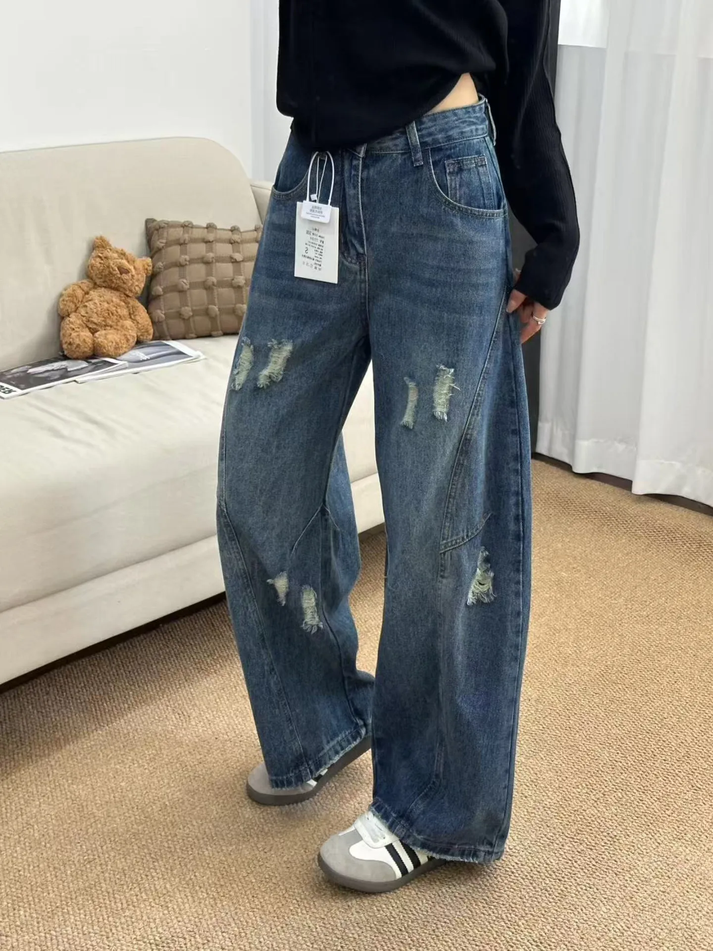

American Style High Waist Knife Denim Jeans Women's New 2026 Loose Wide Leg Pants Straight Cut Trousers Trendy Casual Jeans
