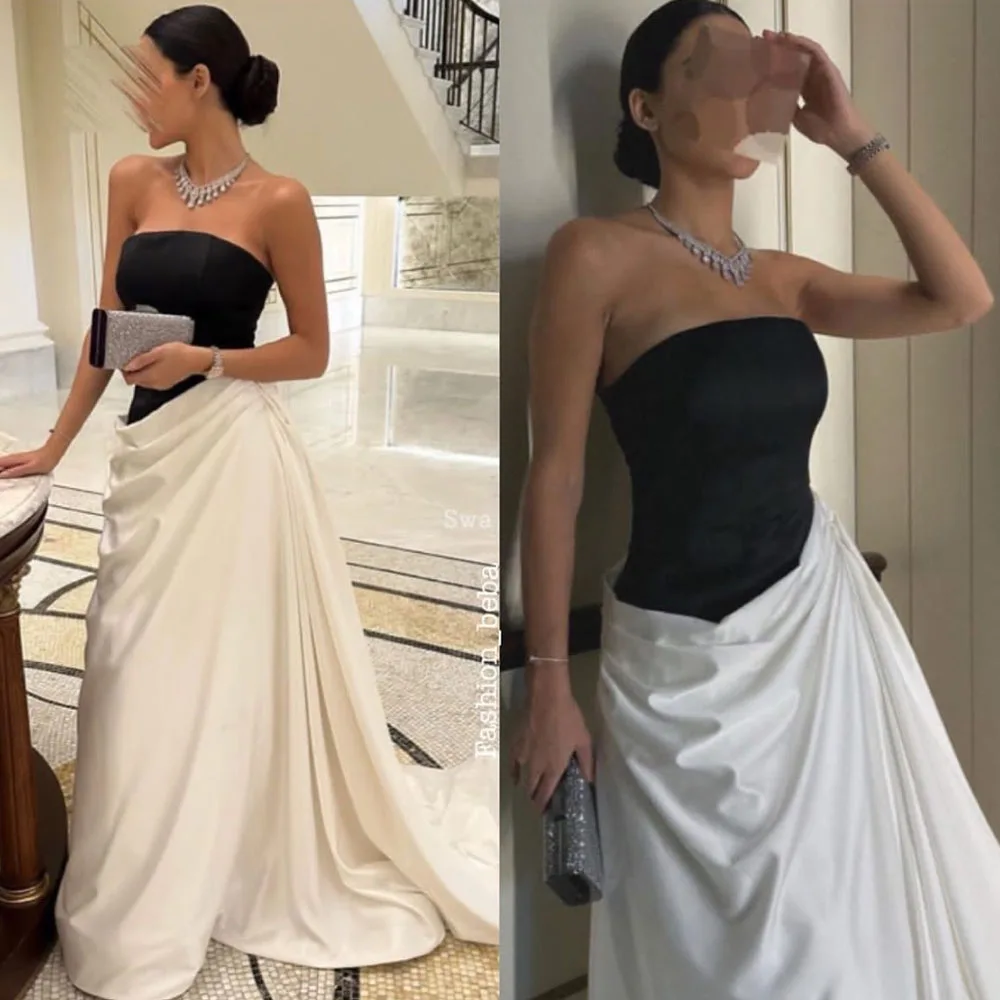 Moderno marfim cetim plissado sem alças vestidos de noite até o chão formal festa vestidos de baile