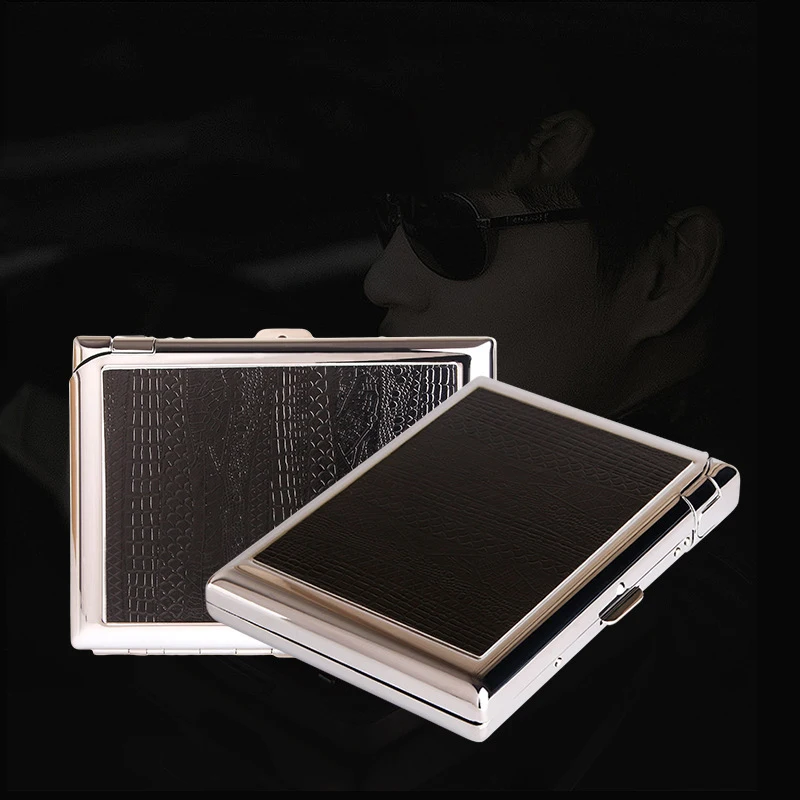 (20 cigarettes) Black Leather Metal Cigarette Case Box With Inflatable Butane Gas Lighter Standard Thick Cigarette Accessories