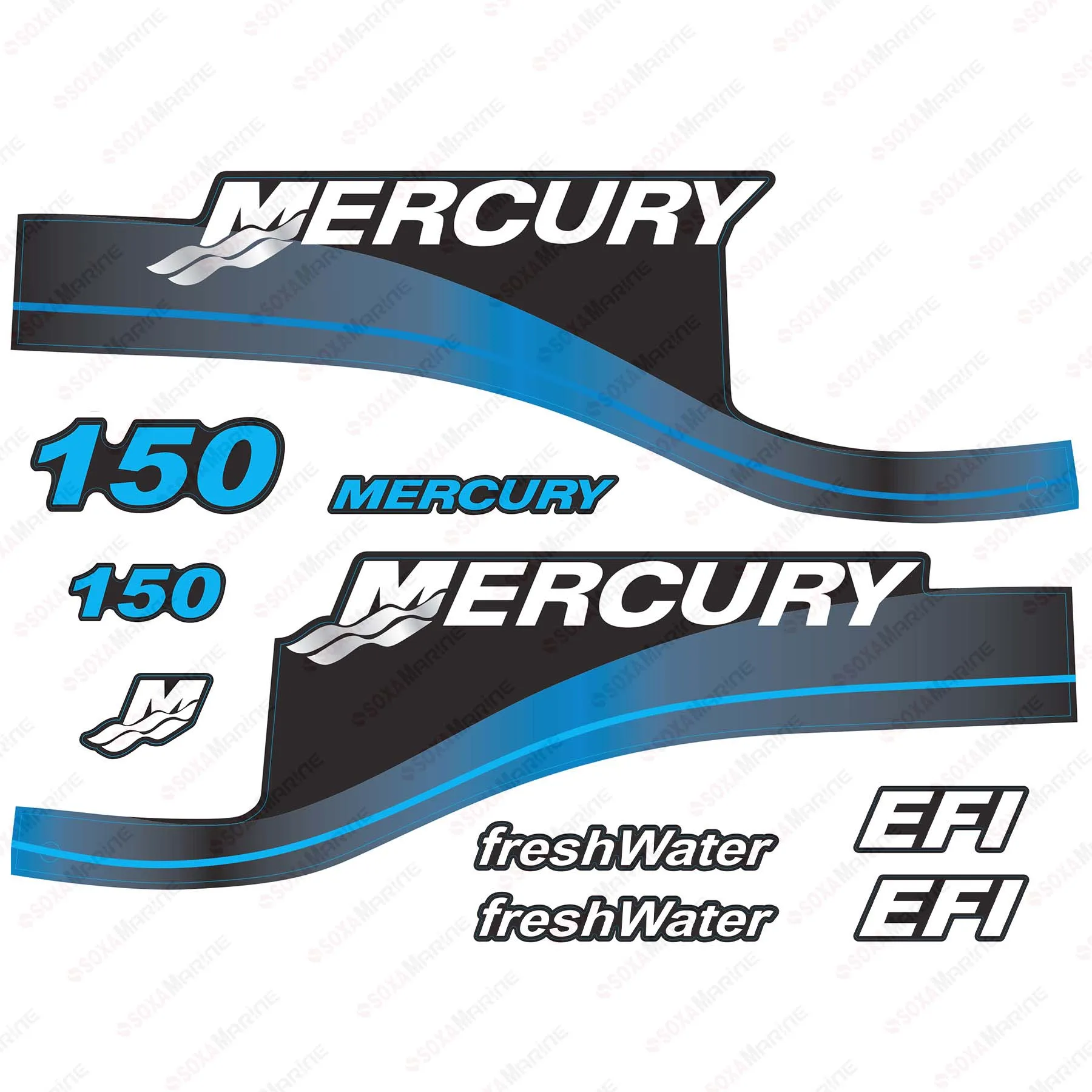 Blue Decal Kit Sticker Set for Mercury 150 hp EFI FreshWater Outboard Engine Reproduction 150HP FreshWater EFI