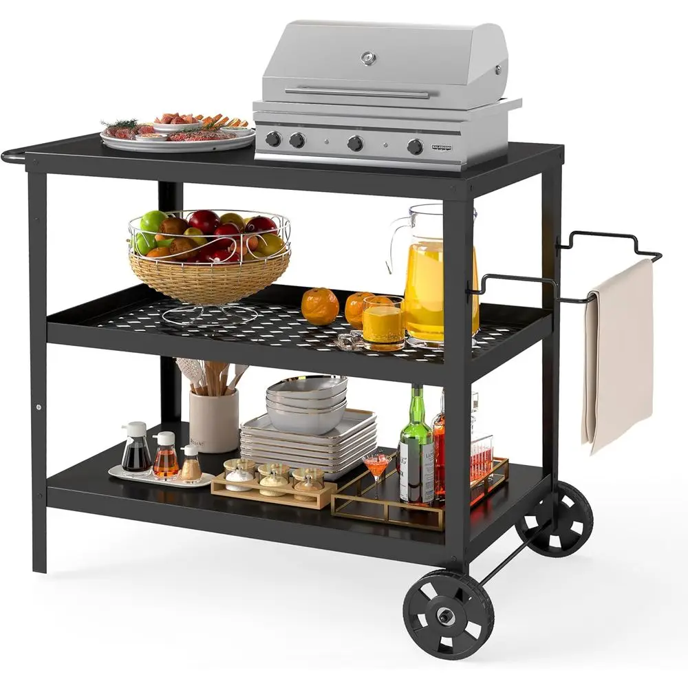 

3-Tier Outdoor Grill Table, BBQ Prep Cart with Metal Top Storage Shelves, Rolling Grill Cart with Wheels, Tool Hooks & Gas Tank