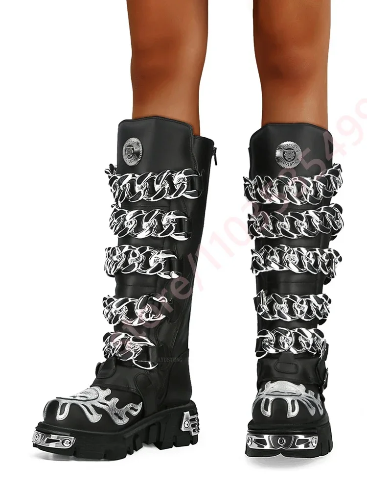 Cyberpunk Metal Chain Motorcycle Boots 2026 New Fashion Street Rock Thick Heel Boots Black Thick Sole Round Casual Knight Boots